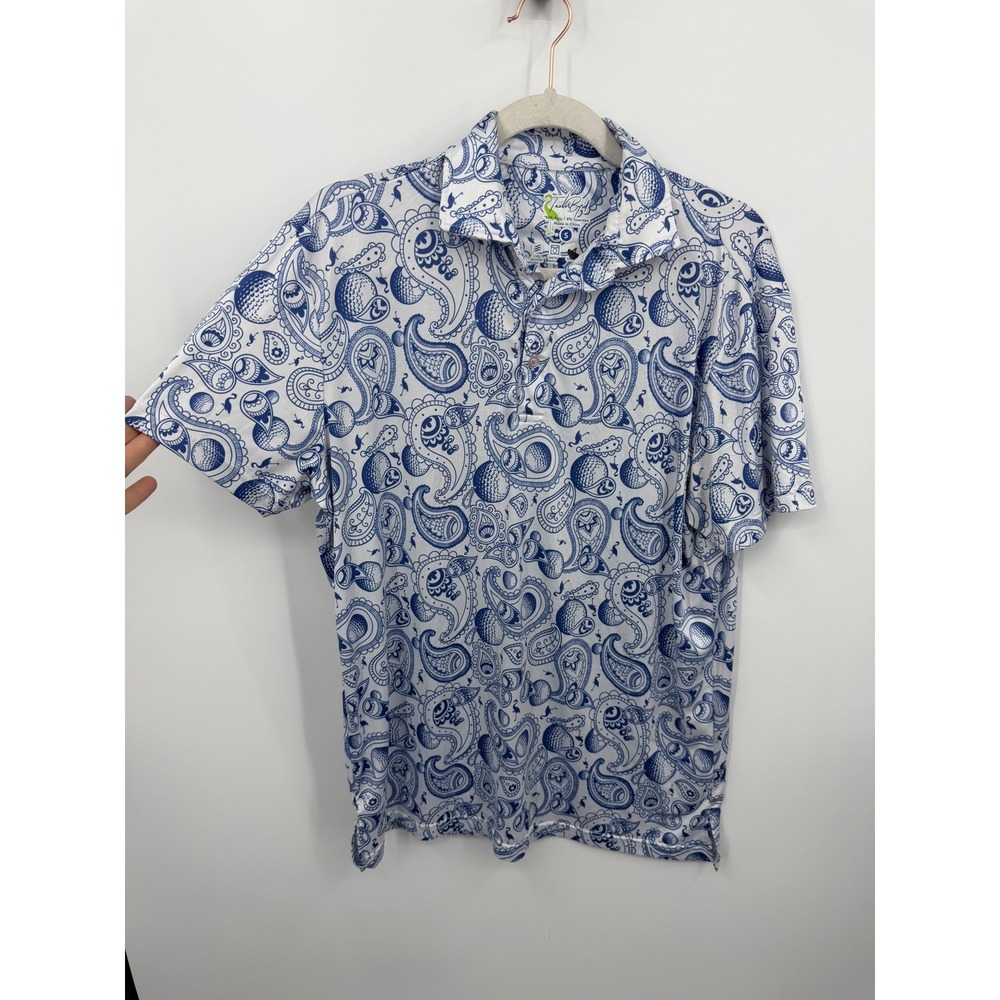 TailorByrd Paisley Golf Polo Shirt Mens Size Small Blue White Flamingo Stretch